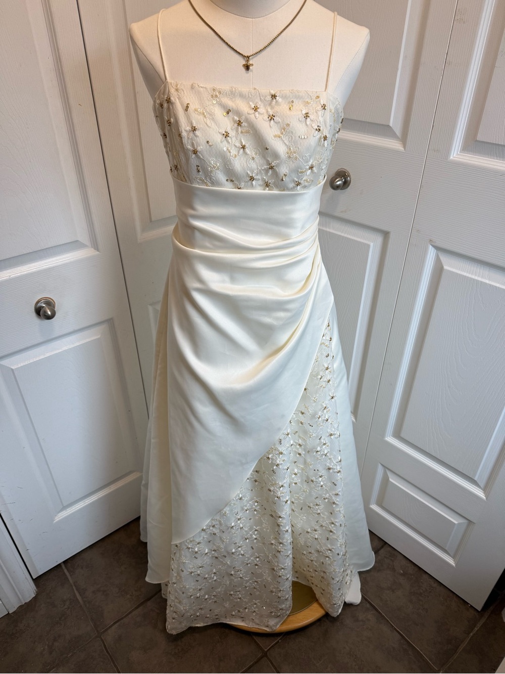 City Triangles Ivory Beaded A-Line Wedding Dress with Draped Satin Overlay
